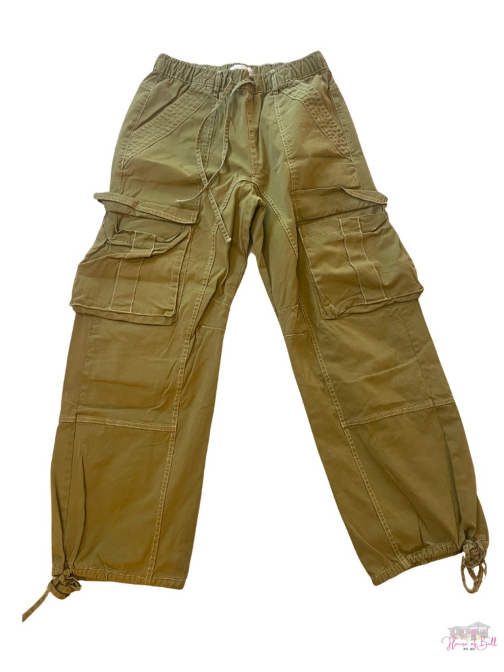 ZARA Olive Green Utility Cargo Pants Contrast Stitch Cinch Hem